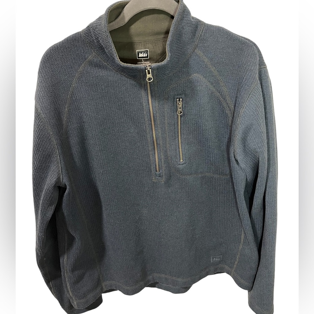 REI Blue Ribbed Sweater 1/4 Zip Long Sleeve Pocket Outdoor Hiking Large Jacket